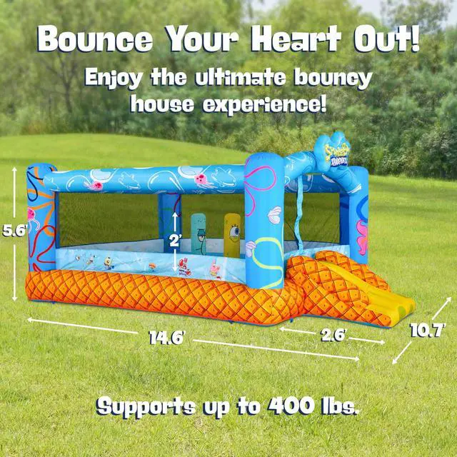 Alt view image 2 of 5 - SUNNY & FUN Spongebob Inflatable Bounce House - Giant 12x10.5 Feet Blow-Up Jump Bouncy Castle for Kids with Air Blower, Stakes & Repair Kit - Easy Set Up for Hours of Backyard Play - Ages 3-10