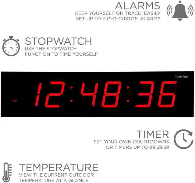 Alt view image 2 of 7 - Ivation Huge 36" Inch Large Big Oversized Digital LED Clock with Stopwatch, Alarms, Countdown Timer & Temp - Shelf or Wall Mount (Red) | 6-Level Brightness, Mounting Holes & Hardware