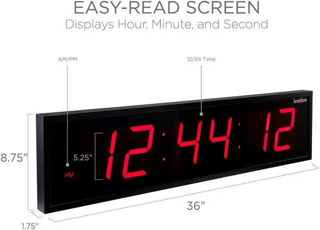 Alt view image 3 of 7 - Ivation Huge 36" Inch Large Big Oversized Digital LED Clock with Stopwatch, Alarms, Countdown Timer & Temp - Shelf or Wall Mount (Red) | 6-Level Brightness, Mounting Holes & Hardware