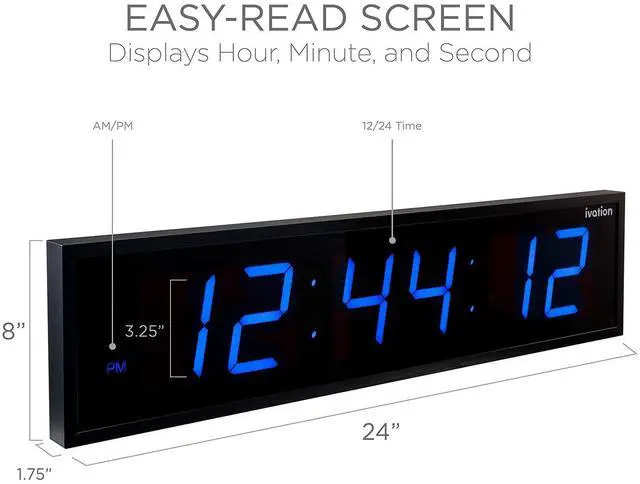 Alt view image 3 of 7 - Ivation Huge 24" Inch Large Big Oversized Digital LED Clock with Stopwatch, Alarms, Countdown Timer & Temp - Shelf or Wall Mount (Blue) | 6-Level Brightness, Mounting Holes & Hardware