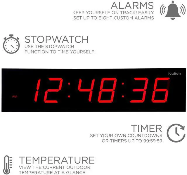 Alt view image 4 of 7 - Ivation Huge 48" Inch Large Big Oversized Digital LED Clock with Stopwatch, Alarms, Countdown Timer & Temp - Shelf or Wall Mount (Red) | 6-Level Brightness, Mounting Holes & Hardware