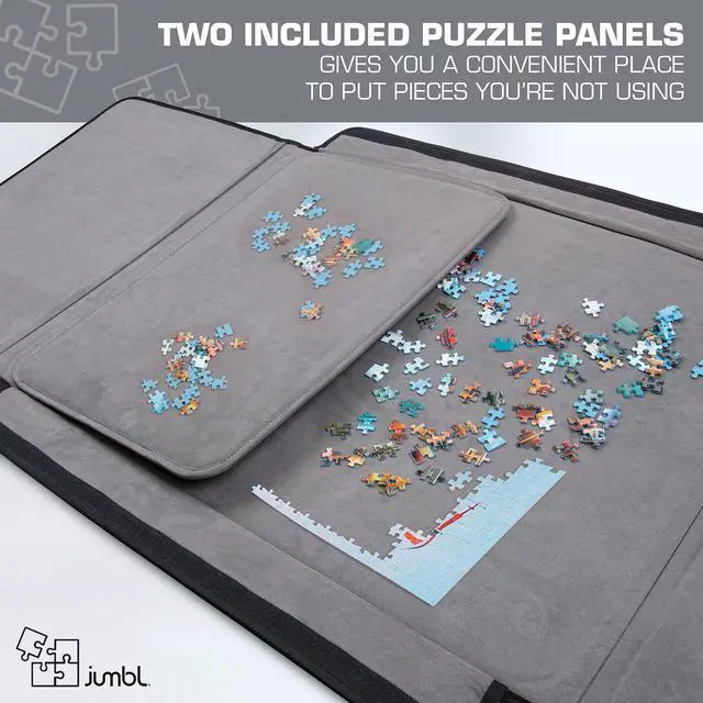 Alt view image 2 of 7 - Jumbl 1500-Piece Puzzle Caddy | Portable Jigsaw Puzzle Mat, Organizer, Storage & Travel Case with Non-Slip Felt Surface, [2] Removable Trays for Sorting, Easy Velcro, Folding Design & Carry Handle
