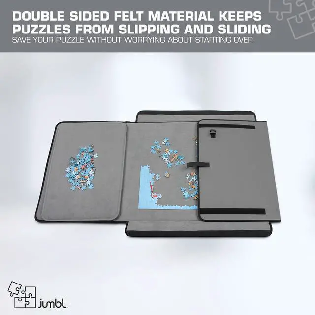 Alt view image 3 of 7 - Jumbl 1500-Piece Puzzle Caddy | Portable Jigsaw Puzzle Mat, Organizer, Storage & Travel Case with Non-Slip Felt Surface, [2] Removable Trays for Sorting, Easy Velcro, Folding Design & Carry Handle