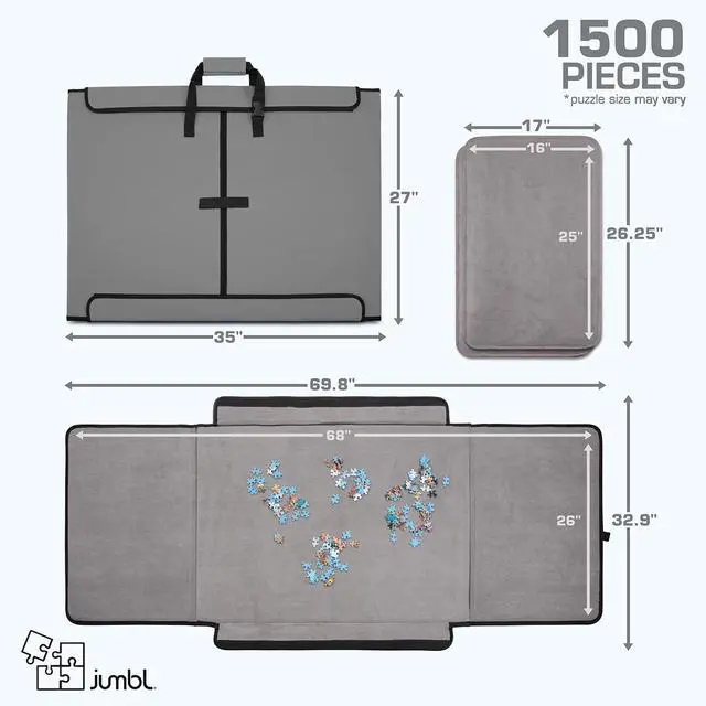 Alt view image 4 of 7 - Jumbl 1500-Piece Puzzle Caddy | Portable Jigsaw Puzzle Mat, Organizer, Storage & Travel Case with Non-Slip Felt Surface, [2] Removable Trays for Sorting, Easy Velcro, Folding Design & Carry Handle
