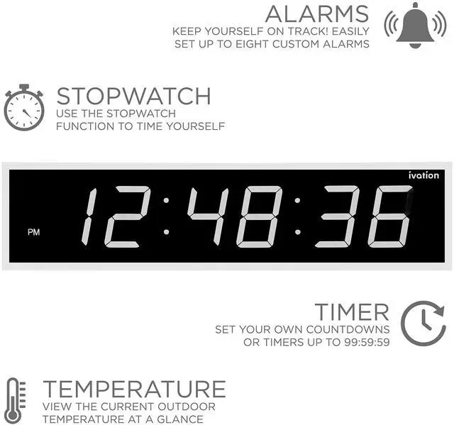 Alt view image 4 of 7 - Ivation Huge 24" Inch Large Big Oversized Digital LED Clock with Stopwatch, Alarms, Countdown Timer & Temp - Shelf or Wall Mount (White) | 6-Level Brightness, Mounting Holes & Hardware