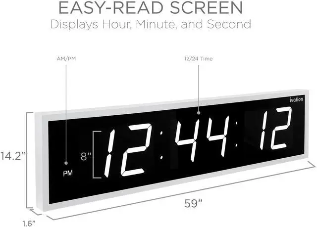 Alt view image 2 of 7 - Ivation Huge 60" Inch Large Big Oversized Digital LED Clock with Stopwatch, Alarms, Countdown Timer & Temp - Shelf or Wall Mount (White) | 6-Level Brightness, Mounting Holes & Hardware