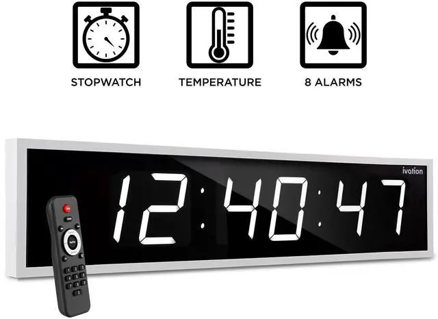 Alt view image 3 of 7 - Ivation Huge 60" Inch Large Big Oversized Digital LED Clock with Stopwatch, Alarms, Countdown Timer & Temp - Shelf or Wall Mount (White) | 6-Level Brightness, Mounting Holes & Hardware