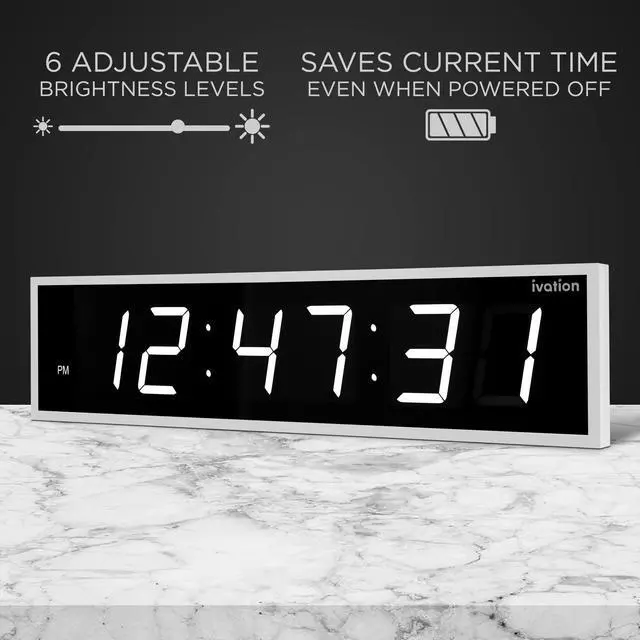 Alt view image 4 of 7 - Ivation Huge 60" Inch Large Big Oversized Digital LED Clock with Stopwatch, Alarms, Countdown Timer & Temp - Shelf or Wall Mount (White) | 6-Level Brightness, Mounting Holes & Hardware