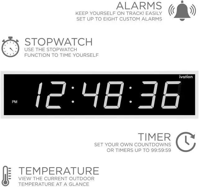 Alt view image 6 of 7 - Ivation Huge 60" Inch Large Big Oversized Digital LED Clock with Stopwatch, Alarms, Countdown Timer & Temp - Shelf or Wall Mount (White) | 6-Level Brightness, Mounting Holes & Hardware
