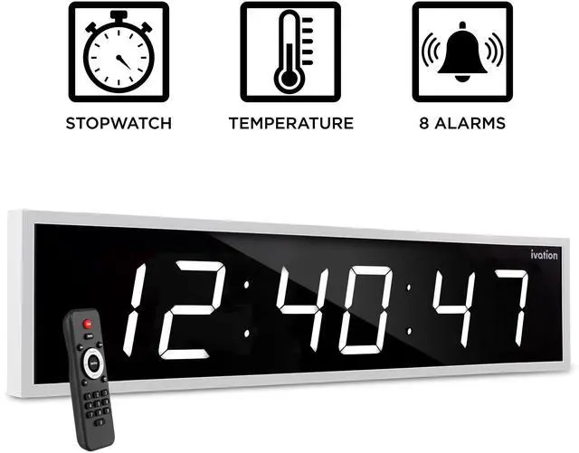 Alt view image 2 of 7 - Ivation Huge 72" Inch Large Big Oversized Digital LED Clock with Stopwatch, Alarms, Countdown Timer & Temp - Shelf or Wall Mount (White) | 6-Level Brightness, Mounting Holes & Hardware