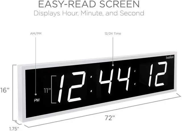 Alt view image 3 of 7 - Ivation Huge 72" Inch Large Big Oversized Digital LED Clock with Stopwatch, Alarms, Countdown Timer & Temp - Shelf or Wall Mount (White) | 6-Level Brightness, Mounting Holes & Hardware