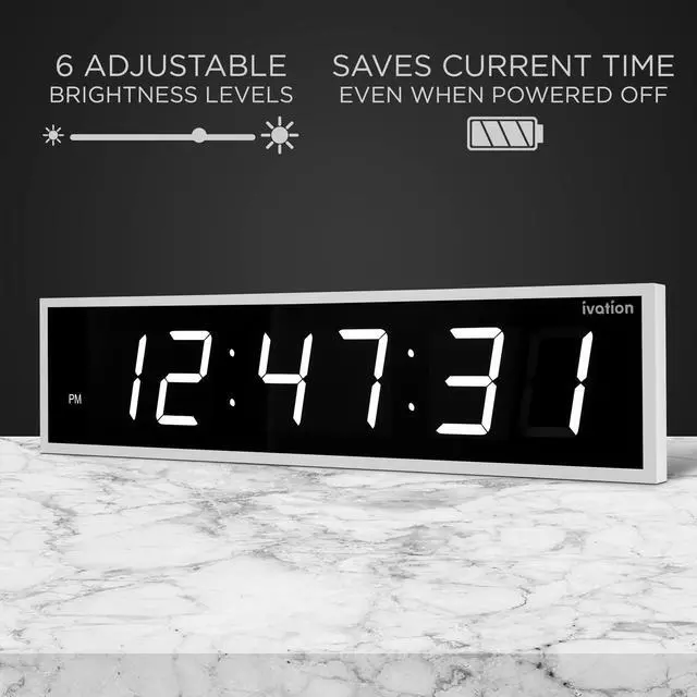 Alt view image 4 of 7 - Ivation Huge 72" Inch Large Big Oversized Digital LED Clock with Stopwatch, Alarms, Countdown Timer & Temp - Shelf or Wall Mount (White) | 6-Level Brightness, Mounting Holes & Hardware