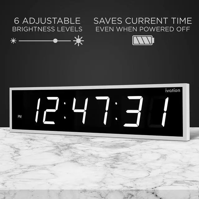 Alt view image 2 of 7 - Ivation Huge 24" Inch Large Big Oversized Digital LED Clock with Stopwatch, Alarms, Countdown Timer & Temp - Shelf or Wall Mount (White) | 6-Level Brightness, Mounting Holes & Hardware