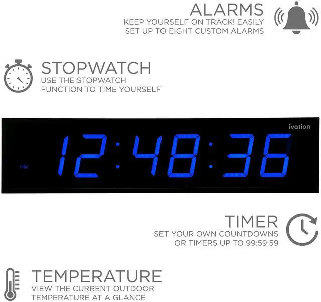 Alt view image 2 of 7 - Ivation Huge 36" Inch Large Big Oversized Digital LED Clock with Stopwatch, Alarms, Countdown Timer & Temp - Shelf or Wall Mount (Blue) | 6-Level Brightness, Mounting Holes & Hardware
