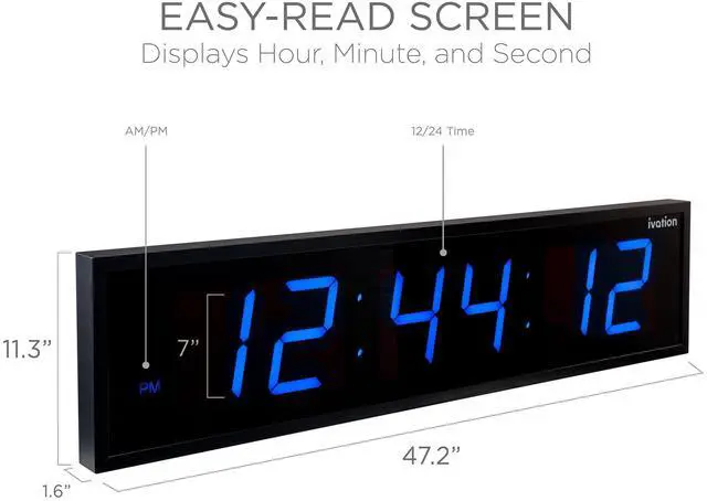 Alt view image 2 of 7 - Ivation Huge 48" Inch Large Big Oversized Digital LED Clock with Stopwatch, Alarms, Countdown Timer & Temp - Shelf or Wall Mount (Blue) | 6-Level Brightness, Mounting Holes & Hardware