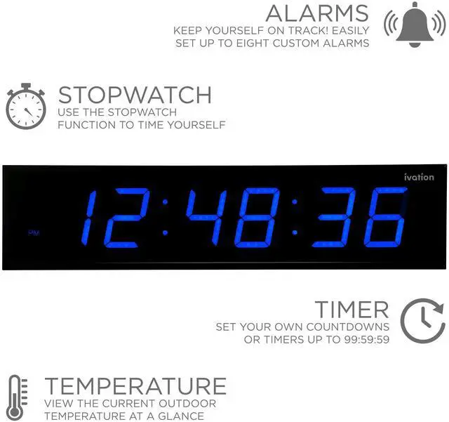 Alt view image 3 of 7 - Ivation Huge 48" Inch Large Big Oversized Digital LED Clock with Stopwatch, Alarms, Countdown Timer & Temp - Shelf or Wall Mount (Blue) | 6-Level Brightness, Mounting Holes & Hardware