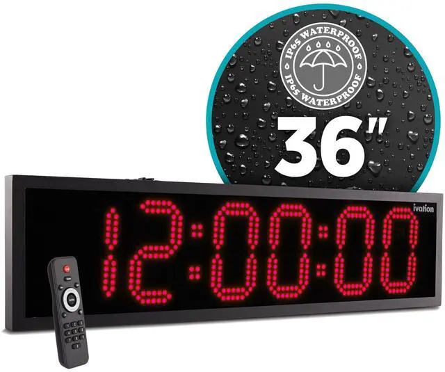 Main image of Ivation Huge 36" Inch Large Big Oversized Waterproof Outdoor Digital LED Clock with Stopwatch, Alarms, Countdown Timer & Temp - Wall or Chain Mount (Red) | 5-Level Brightness
