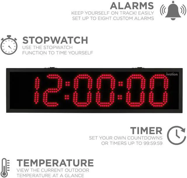 Alt view image 2 of 7 - Ivation Huge 36" Inch Large Big Oversized Waterproof Outdoor Digital LED Clock with Stopwatch, Alarms, Countdown Timer & Temp - Wall or Chain Mount (Red) | 5-Level Brightness