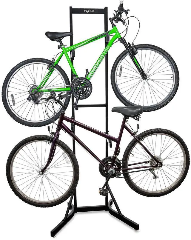 Main image of RaxGo Bike Garage Storage Rack, 2 Bicycle Garage Floor Stand, Foldable, Freestanding, Adjustable Hooks, For Mountain & Road bicycles, Universal For Indoor Use