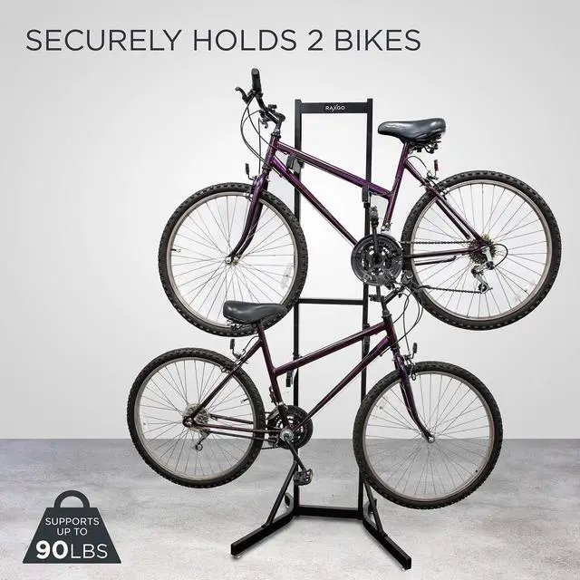 Alt view image 2 of 6 - RaxGo Bike Garage Storage Rack, 2 Bicycle Garage Floor Stand, Foldable, Freestanding, Adjustable Hooks, For Mountain & Road bicycles, Universal For Indoor Use