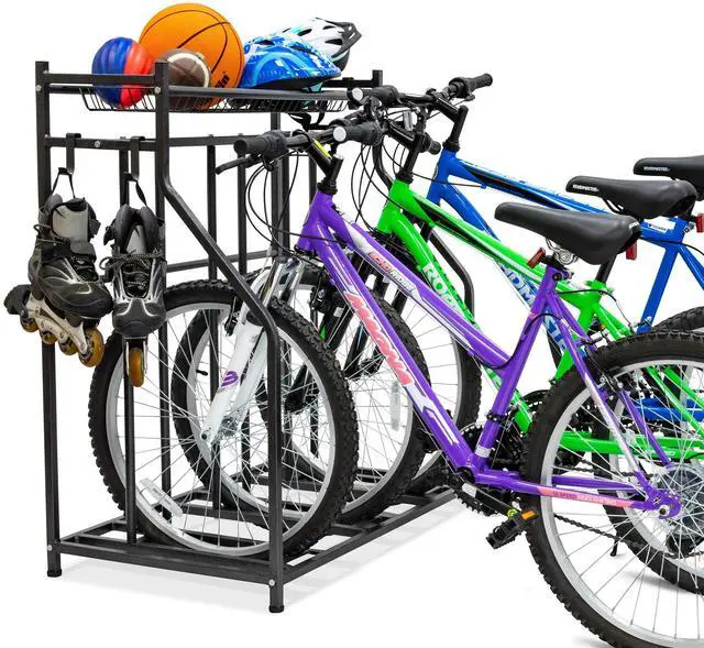Main image of Bike Storage Rack for Garage, 3 Bicycle Floor Parking Stand, Free Standing Bike Rack and Sports Organizer for Road, Mountain, Hybrid or Kids Bikes