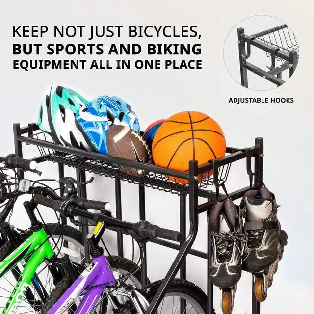 Alt view image 2 of 7 - Bike Storage Rack for Garage, 3 Bicycle Floor Parking Stand, Free Standing Bike Rack and Sports Organizer for Road, Mountain, Hybrid or Kids Bikes