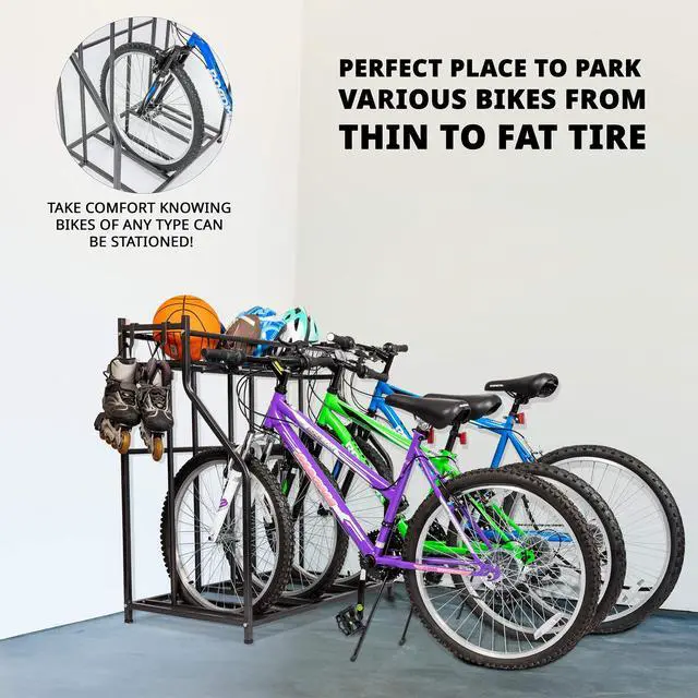 Alt view image 3 of 7 - Bike Storage Rack for Garage, 3 Bicycle Floor Parking Stand, Free Standing Bike Rack and Sports Organizer for Road, Mountain, Hybrid or Kids Bikes