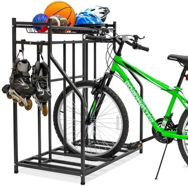 Alt view image 6 of 7 - Bike Storage Rack for Garage, 3 Bicycle Floor Parking Stand, Free Standing Bike Rack and Sports Organizer for Road, Mountain, Hybrid or Kids Bikes