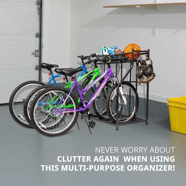 Alt view image 7 of 7 - Bike Storage Rack for Garage, 3 Bicycle Floor Parking Stand, Free Standing Bike Rack and Sports Organizer for Road, Mountain, Hybrid or Kids Bikes