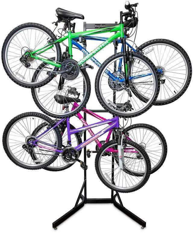Main image of RaxGo Bike Garage Storage Rack, 4 Bicycle Garage Floor Stand, Adjustable, Freestanding, Adjustable Hooks, For Mountain & Road bicycles, Universal For Indoor Use
