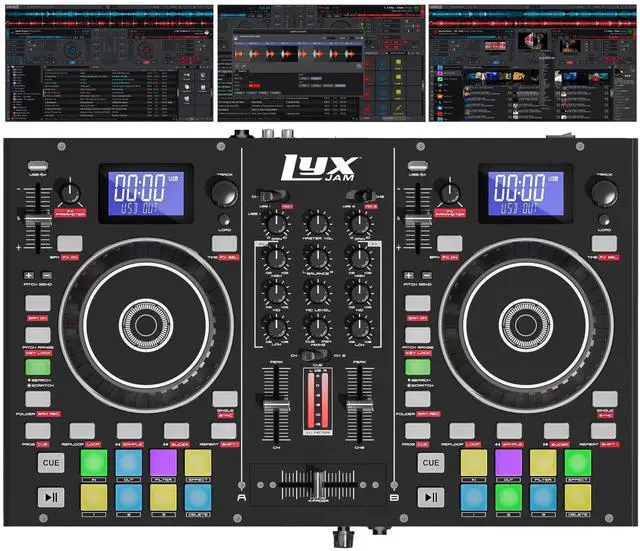 LyxJam 2-Deck Portable DJ Controller, Mixing Console with LCD Display | Manual Looping, USB, MIC Input, Record Output, 16 Performance Pads with Virtual DJ LE Software Included (Download)