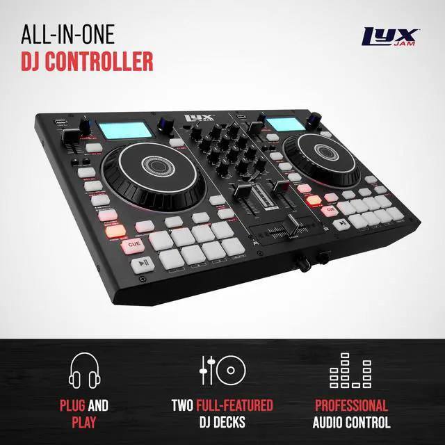 Alt view image 2 of 7 - LyxJam 2-Deck Portable DJ Controller, Mixing Console with LCD Display | Manual Looping, USB, MIC Input, Record Output, 16 Performance Pads with Virtual DJ LE Software Included (Download)
