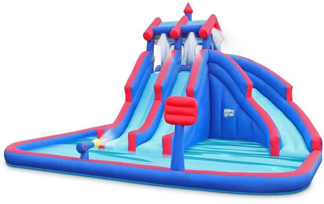 Main image of Sunny & Fun Mega Sport Inflatable Water Triple Slide Park  Heavy-Duty for Outdoor Fun - Climbing Wall, 3 Slides & Splash Pool  Easy to Set Up & Inflate with Included Air Pump & Carrying Case