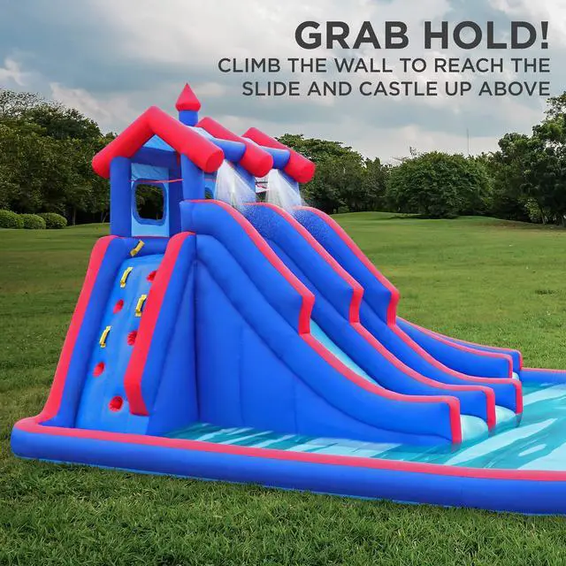 Alt view image 3 of 7 - Sunny & Fun Mega Sport Inflatable Water Triple Slide Park  Heavy-Duty for Outdoor Fun - Climbing Wall, 3 Slides & Splash Pool  Easy to Set Up & Inflate with Included Air Pump & Carrying Case