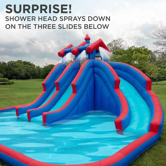 Alt view image 4 of 7 - Sunny & Fun Mega Sport Inflatable Water Triple Slide Park  Heavy-Duty for Outdoor Fun - Climbing Wall, 3 Slides & Splash Pool  Easy to Set Up & Inflate with Included Air Pump & Carrying Case