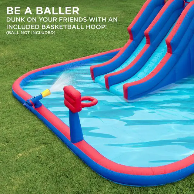 Alt view image 6 of 7 - Sunny & Fun Mega Sport Inflatable Water Triple Slide Park  Heavy-Duty for Outdoor Fun - Climbing Wall, 3 Slides & Splash Pool  Easy to Set Up & Inflate with Included Air Pump & Carrying Case