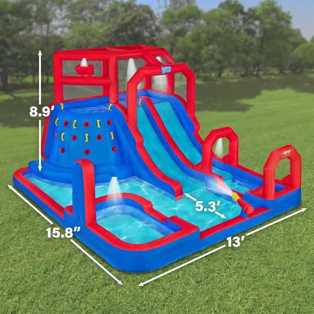Alt view image 2 of 7 - Sunny & Fun Mega Climb N Go Inflatable Water Slide Park  Heavy-Duty for Outdoor Fun - Climbing Wall, 2 Slides, Splash & Deep Pool  Easy to Set Up & Inflate with Included Air Pump & Carrying Case