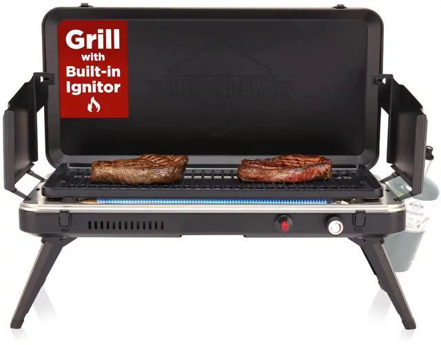 Main image of Hike Crew Gas Camping Grill | 13,000 BTU | Portable Propane Burner | Foldable Legs | Integrated Igniter & Included Regulator w/ Stainless Steel Drip Tray | Wind Panels & Built-in Carrying Handle