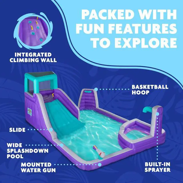 Alt view image 2 of 7 - Sunny & Fun Four Corner Inflatable Water Slide Park Heavy-Duty for Outdoor Fun - Climbing Wall, Slide & Deep Pool Easy to Set Up & Inflate with Included Air Pump & Carrying Case