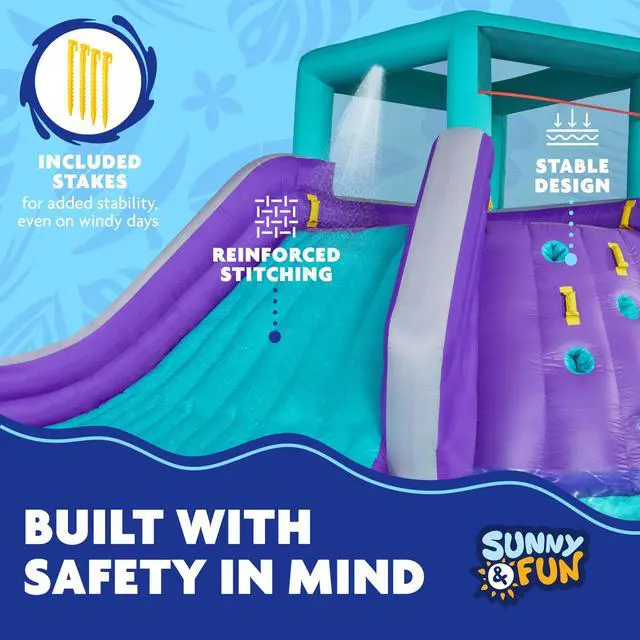 Alt view image 4 of 7 - Sunny & Fun Four Corner Inflatable Water Slide Park Heavy-Duty for Outdoor Fun - Climbing Wall, Slide & Deep Pool Easy to Set Up & Inflate with Included Air Pump & Carrying Case