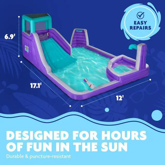 Alt view image 3 of 7 - Sunny & Fun Four Corner Inflatable Water Slide Park Heavy-Duty for Outdoor Fun - Climbing Wall, Slide & Deep Pool Easy to Set Up & Inflate with Included Air Pump & Carrying Case