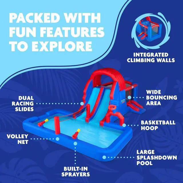 Alt view image 2 of 7 - Sunny & Fun Ultra All-Play Inflatable Water Slide Park  Heavy-Duty for Outdoor Fun - Climbing Wall, Slides, Bounce House, Volley Net, Deep Pool  Inflate with Included Air Pump & Carrying Case