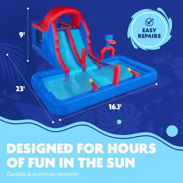 Alt view image 3 of 7 - Sunny & Fun Ultra All-Play Inflatable Water Slide Park  Heavy-Duty for Outdoor Fun - Climbing Wall, Slides, Bounce House, Volley Net, Deep Pool  Inflate with Included Air Pump & Carrying Case