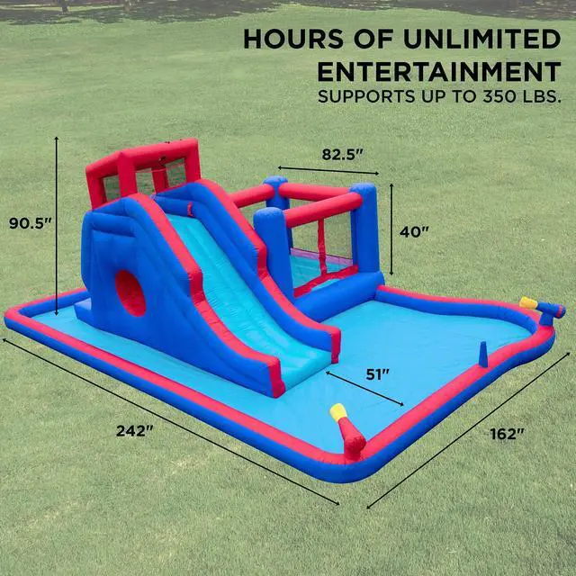 Alt view image 2 of 7 - Sunny & Fun 2-In-1 Bounce & Blast Inflatable Water Slide Park  Heavy-Duty for Outdoor Fun - Climbing Wall, Slide, Bouncer & Splash Pool  Easy to Set Up, Included Air Pump & Carrying Case