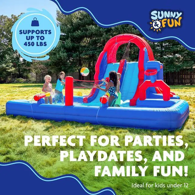 Alt view image 5 of 7 - Sunny & Fun Ultra All-Play Inflatable Water Slide Park  Heavy-Duty for Outdoor Fun - Climbing Wall, Slides, Bounce House, Volley Net, Deep Pool  Inflate with Included Air Pump & Carrying Case