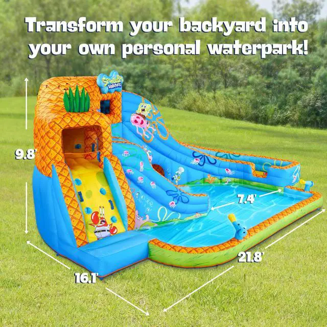 Alt view image 2 of 7 - SUNNY & FUN Spongebob Deluxe Adventure Inflatable Water Slide Park - Heavy-Duty for Outdoor Fun - Climbing Wall, 2 Slides & Splash Pool - Inflate with Included Air Pump & Carrying Case