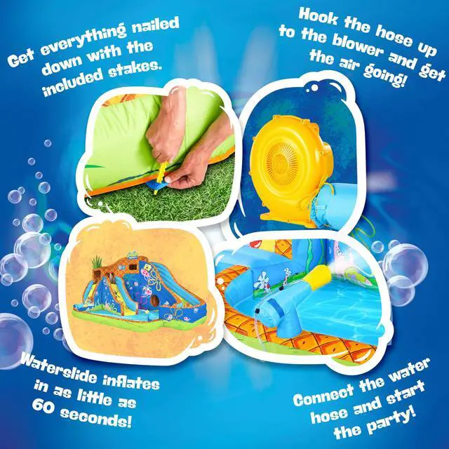 Alt view image 3 of 7 - SUNNY & FUN Spongebob Deluxe Adventure Inflatable Water Slide Park - Heavy-Duty for Outdoor Fun - Climbing Wall, 2 Slides & Splash Pool - Inflate with Included Air Pump & Carrying Case