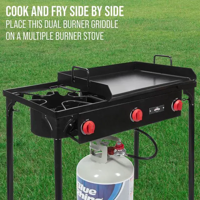 Alt view image 2 of 5 - Hike Crew Non-Stick Griddle for Double Burner Outdoor Stove | Pre-seasoned Camping Skillet Pan w/ Easy-Clean Surface, Oil Reservoir & Grease Cup, Raised Edges, Built-In Handles & Carry Bag | 31 x 17