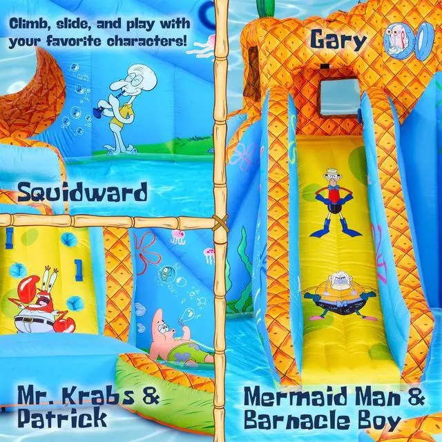 Alt view image 4 of 7 - SUNNY & FUN Spongebob Deluxe Adventure Inflatable Water Slide Park - Heavy-Duty for Outdoor Fun - Climbing Wall, 2 Slides & Splash Pool - Inflate with Included Air Pump & Carrying Case