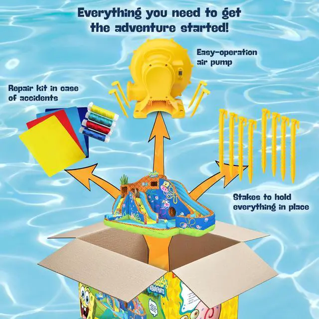 Alt view image 5 of 7 - SUNNY & FUN Spongebob Deluxe Adventure Inflatable Water Slide Park - Heavy-Duty for Outdoor Fun - Climbing Wall, 2 Slides & Splash Pool - Inflate with Included Air Pump & Carrying Case